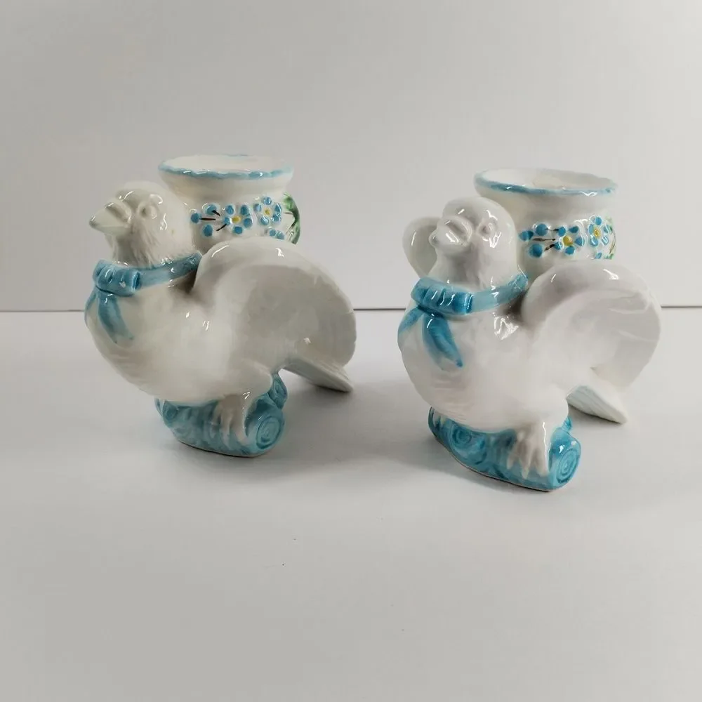 Vintage 1988 The Haldon Pair Dove Bird‎ Candle Holders White Blue Ribbon 4